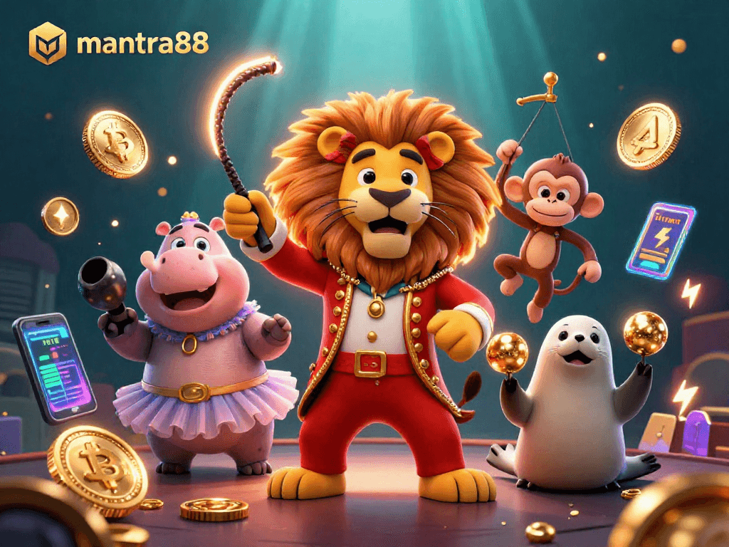 mantra88 showcases an energetic circus scene with gaming elements and vibrant characters