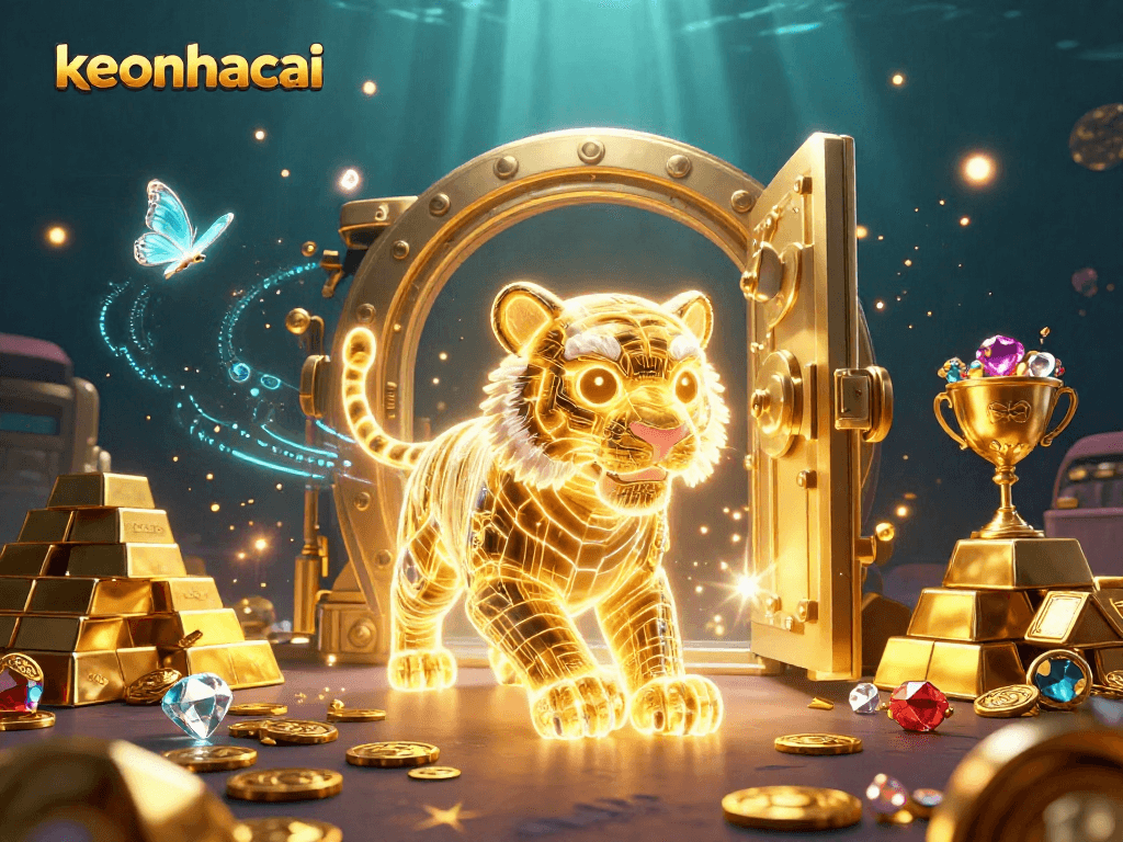 Experience the thrilling keonhacai digital casino, featuring a luminous golden tiger and vibrant treasures.