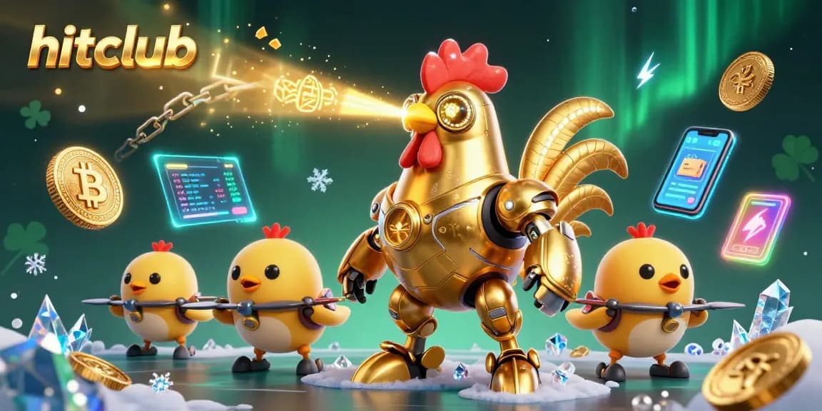 Experience hitclub's vibrant gaming world with a golden rooster robot and neon crypto coins.