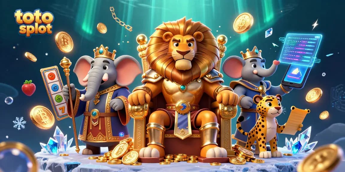 Memenangkan jackpot di toto slot dengan raja singa dan simbol permainan yang menarik.