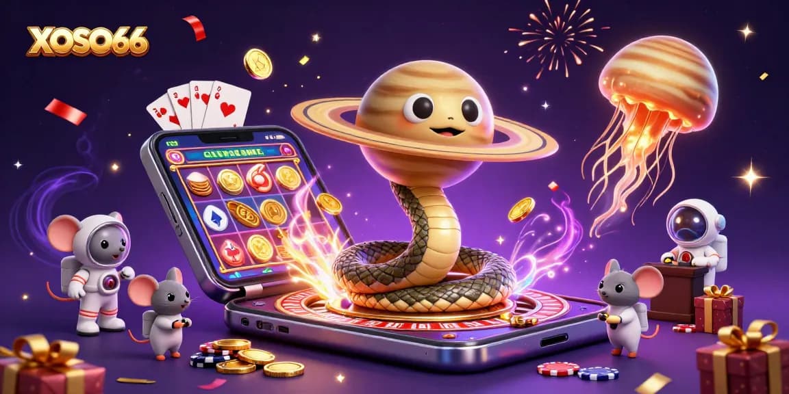 XOSO66 players engage in cosmic betting with vibrant 3D elements and energy-filled atmosphere.