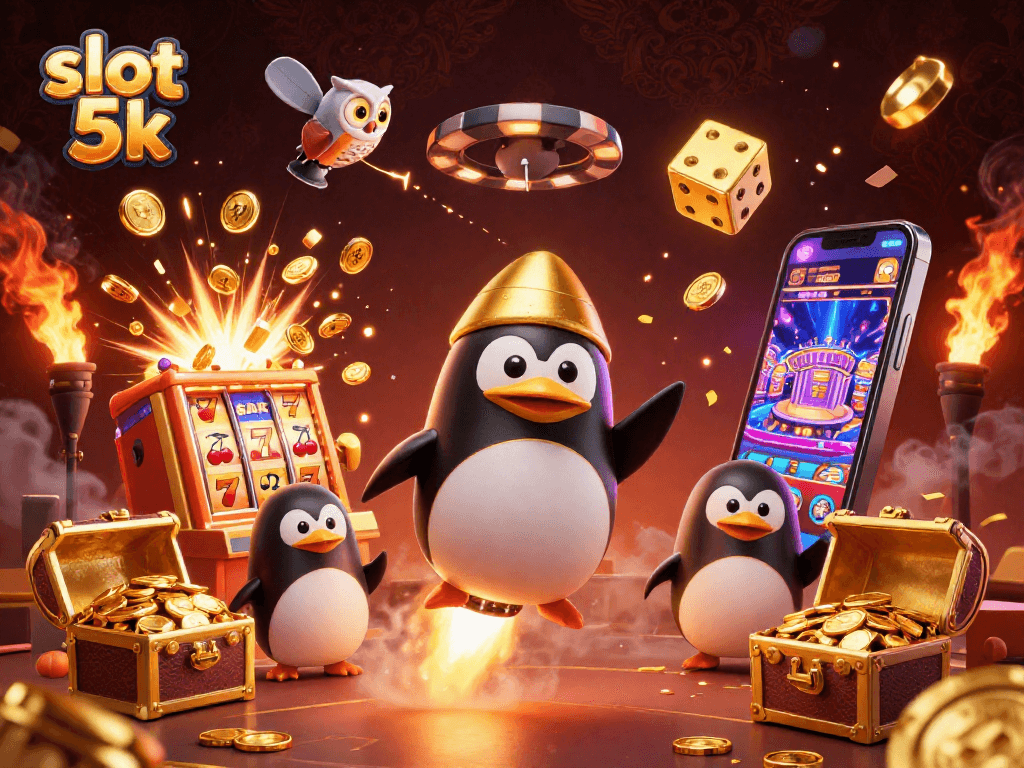 Experience thrilling slots with slot 5k featuring a penguin rocket, jackpot explosion, and dynamic casino scene.