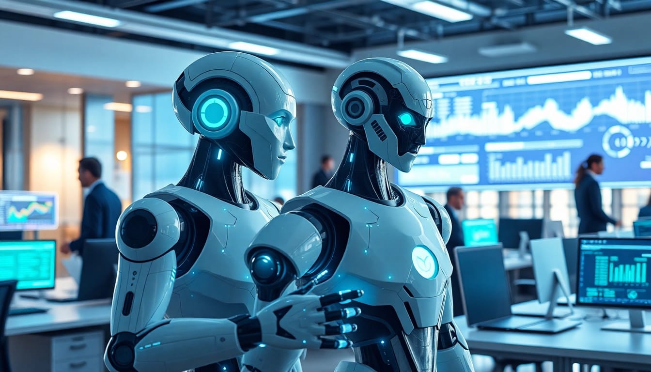 Ai Bots collaborating with humans in a modern office setting, showcasing technology integration.