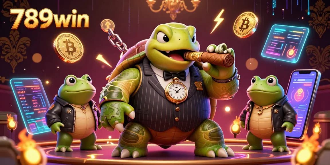 Increase your winnings at 789win with a vibrant casino scene featuring a snapping turtle in a mobster suit surrounded by blockchain elements.