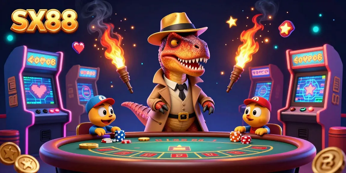 SX88 casino scene with a velociraptor card counter and colorful gaming elements, capturing the excitement of gameplay.