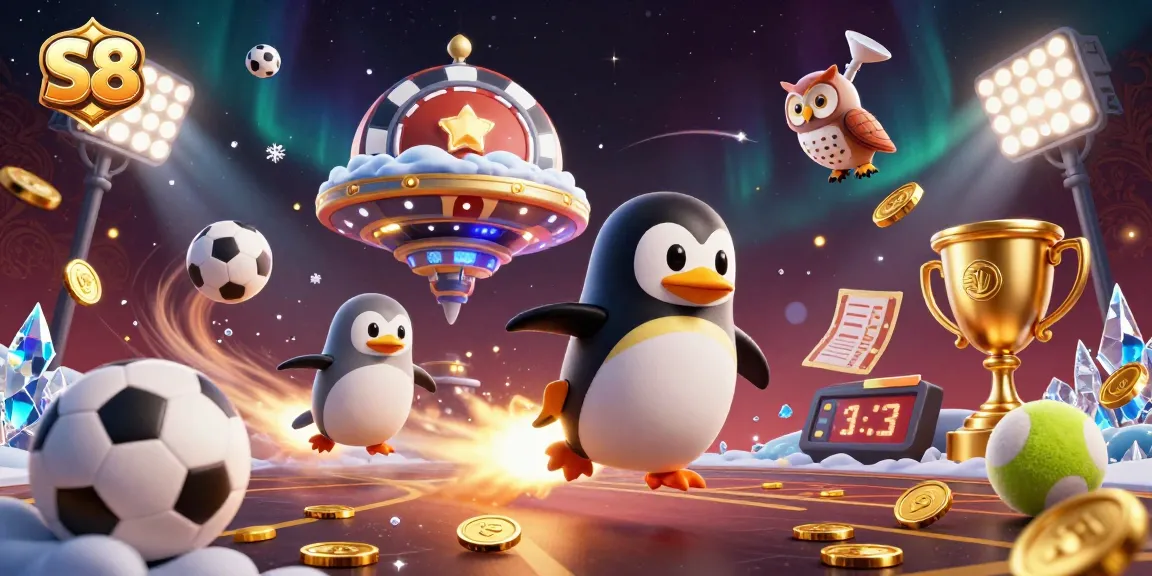 S8's vibrant gaming scene features a golden penguin heading to a poker chip casino, surrounded by sports elements.