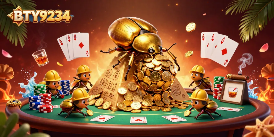 Engage with the excitement of BTY9234 as golden beetles roll coins amid vibrant casino elements.