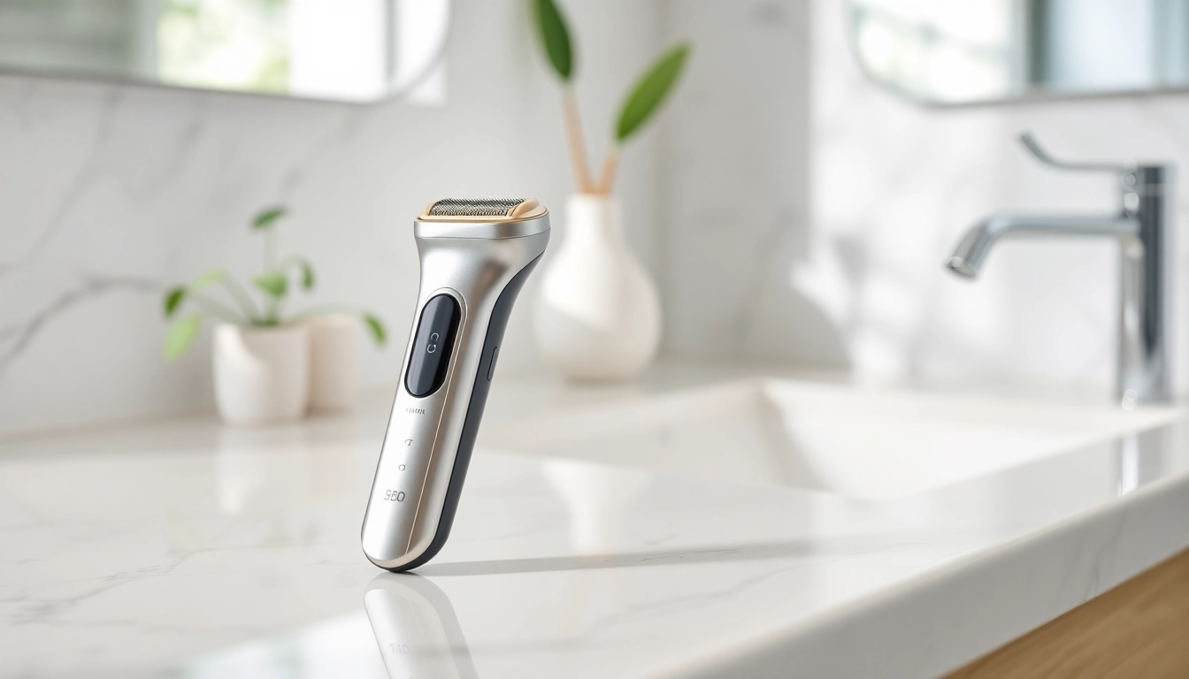 Mini electric shaver placed stylishly on a vanity, showcasing its sleek design and usability.