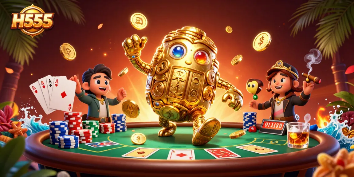 Experience exciting gameplay with H555, featuring a golden golem and vibrant poker elements.