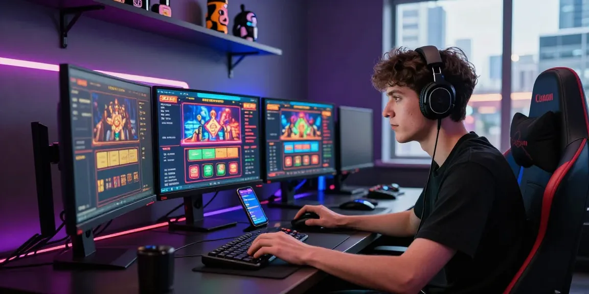 Engaging online gambling experience on MPOCASH platform with vibrant gaming setup and multiple screens