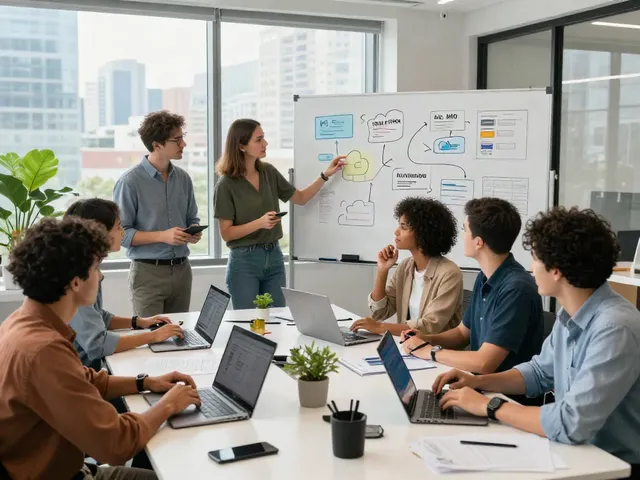 Diverse team collaborating on AI project strategies in an innovative workspace at elligilgal.com.