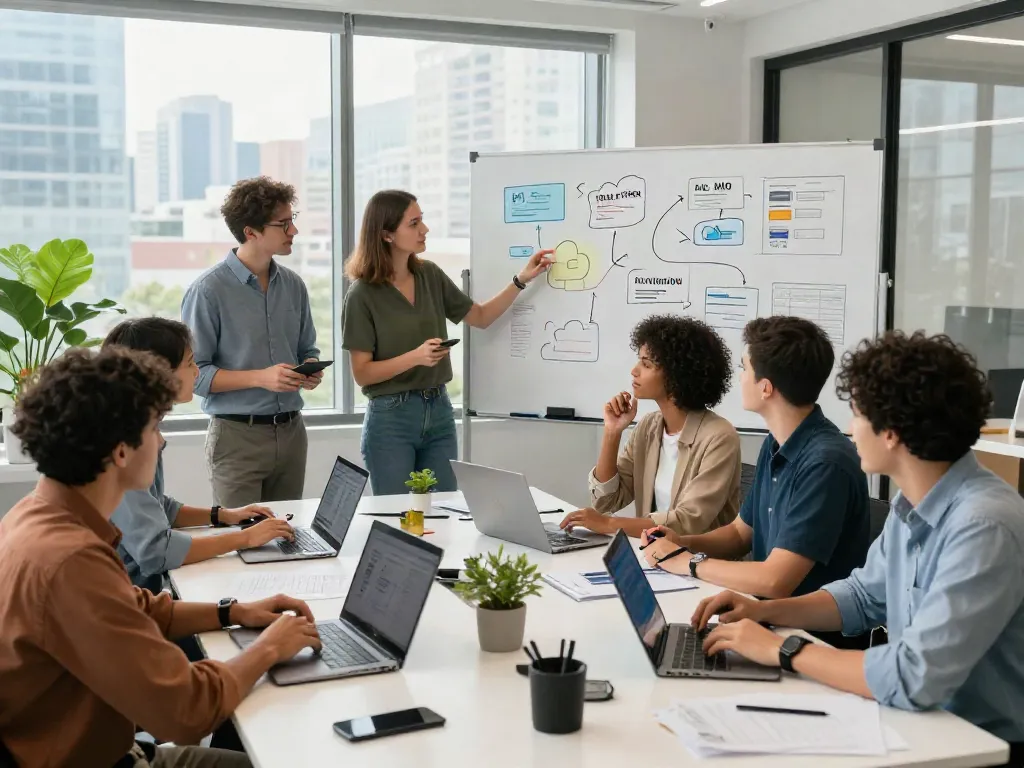 Diverse team collaborating on AI project strategies in an innovative workspace at elligilgal.com.