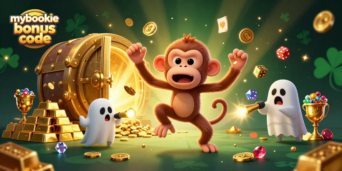 Experience the thrills with mybookie bonus code in a lively casino scene featuring a playful ghost and treasure.