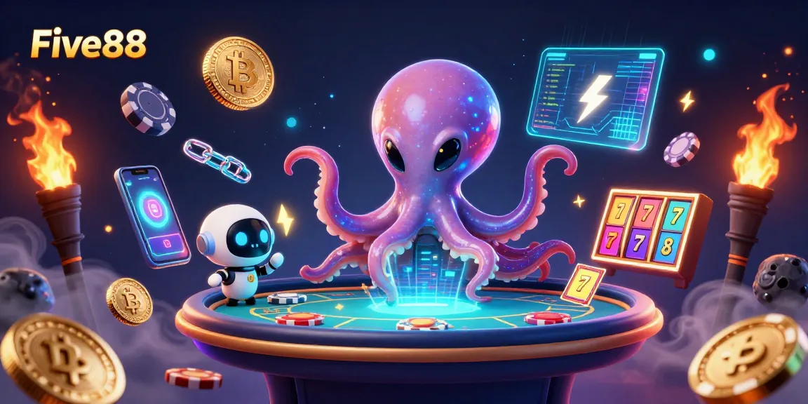 Experience the excitement at Five88 with an alien octopus mastering a holographic poker table in a cosmic setting.