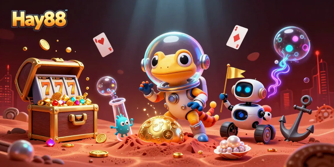 Experience thrilling gameplay at Hay88 with vibrant slot machines and a Martian gecko amidst a cosmic casino scene.
