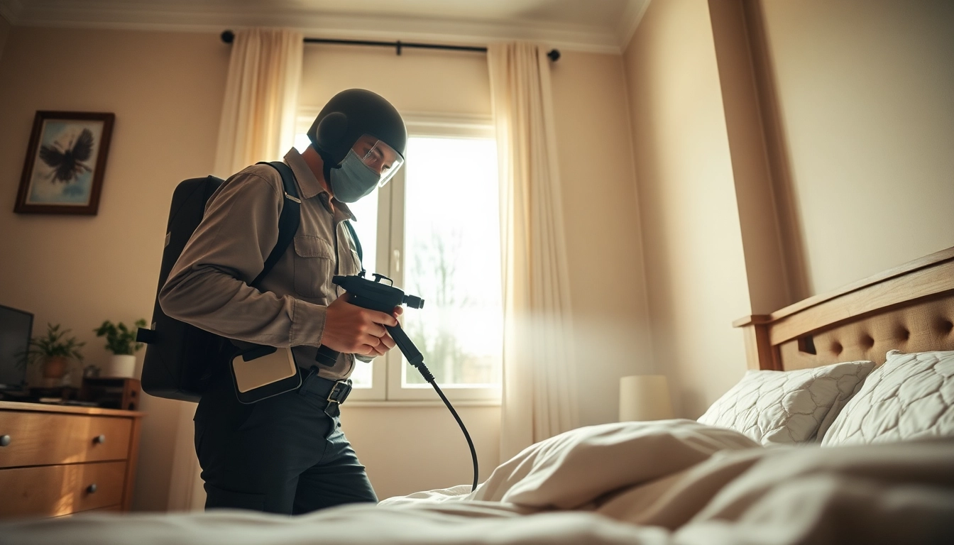 Bed bug exterminators effectively treating a cozy bedroom environment with professional tools.