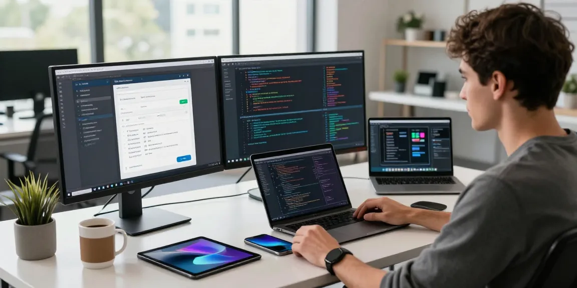 Buy Android installs with a developer in a modern workspace, coding and analyzing app interfaces.
