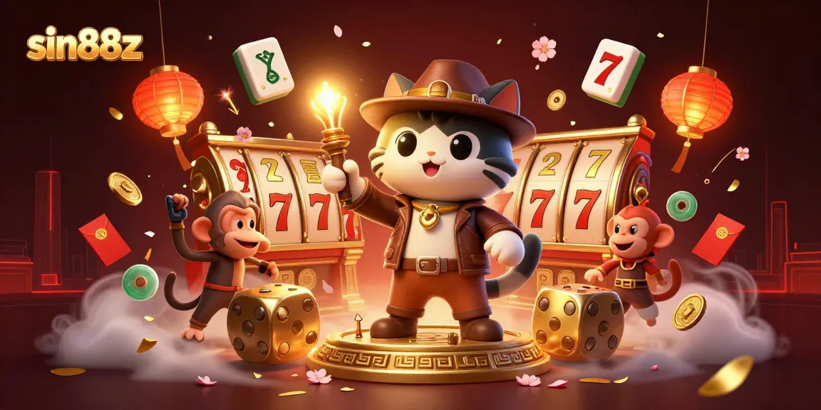 Engage with sin88z as the cat archaeologist uncovers golden casino treasures amid festive elements.