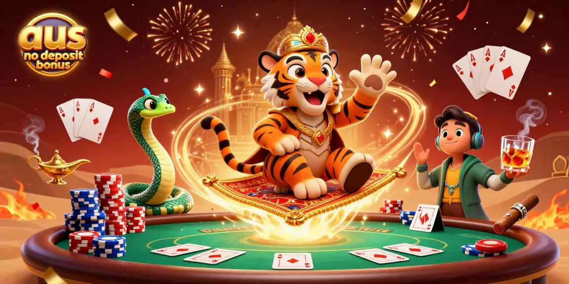 Explore the vibrant scene of an aus no deposit bonus featuring a cartoon tiger sultan and casino elements.