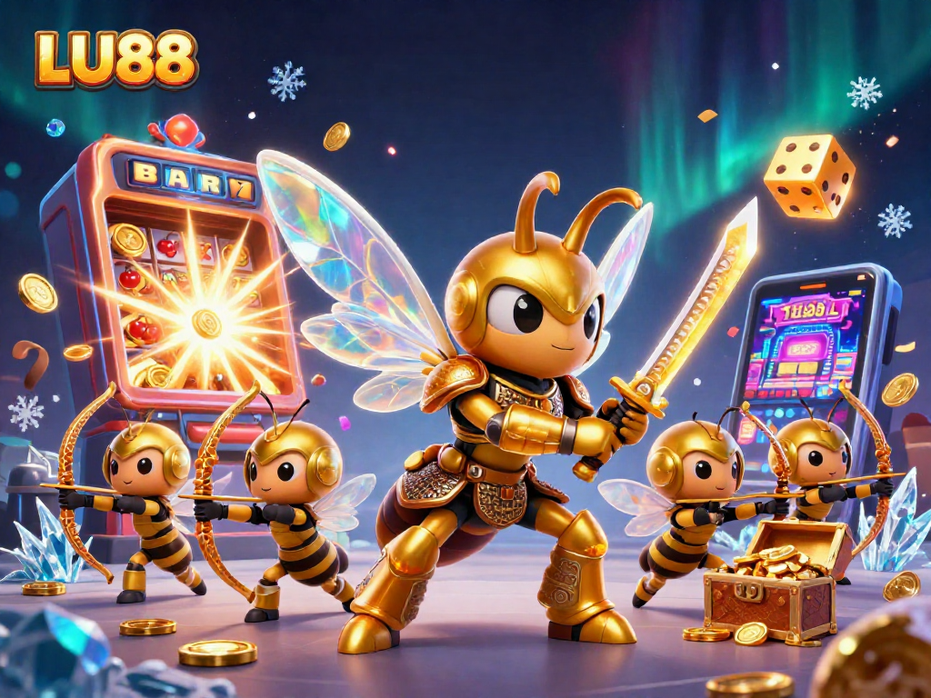 LU88 captivates players with a vibrant scene featuring a golden hornet warrior amidst thrilling jackpot excitement.