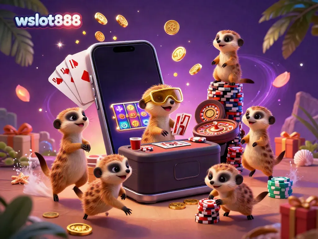 Ilustrasi 3D dari wslot888 dengan meerkat menjalankan operasi kasino, menggambarkan suasana yang ceria dan permainan.