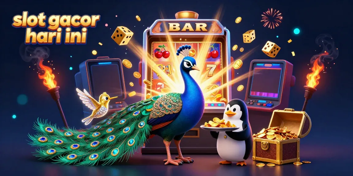 Slot gacor hari ini menggambarkan ilustrasi 3D kasino dengan karakter kartun dan mesin slot mewah yang berkilauan.