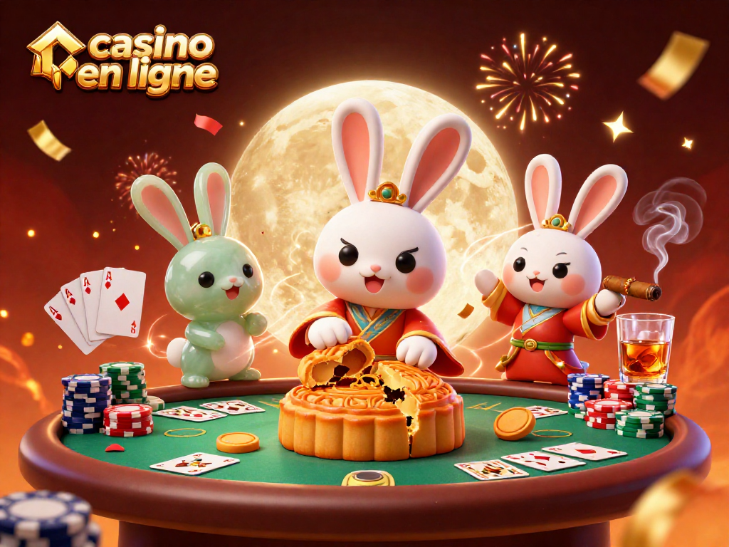 Jeu au casino en ligne avec un lapin lunaire et des jetons de poker sur la surface lunaire.