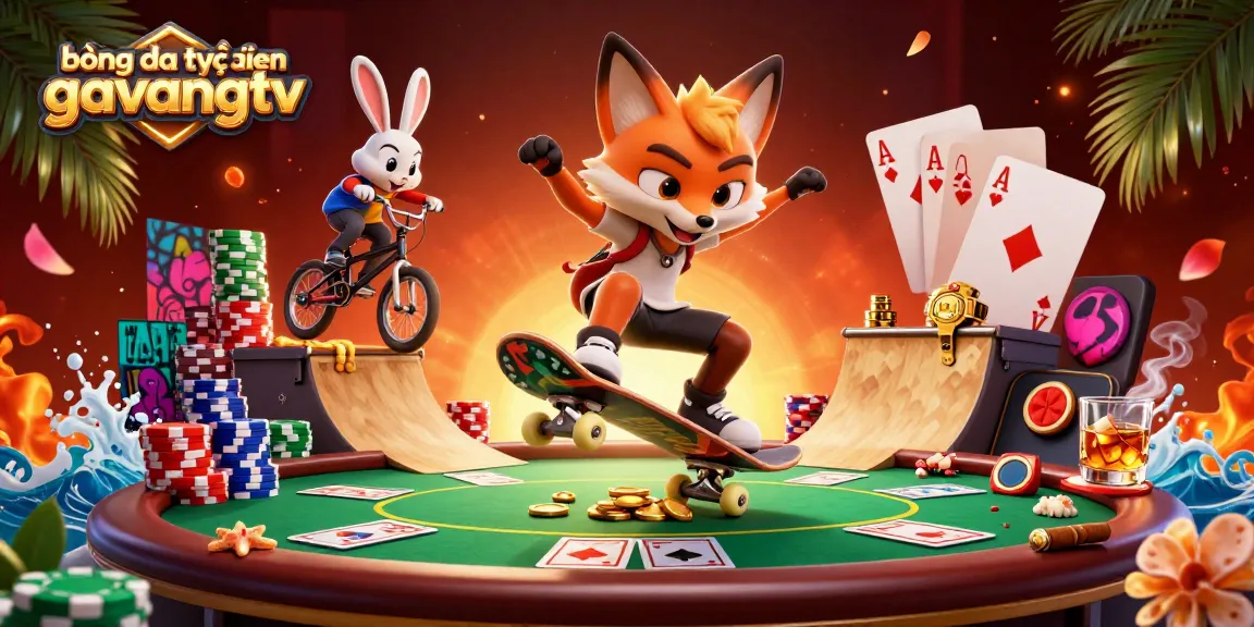 Engage in bóng đá trực tuyến gavangtv while enjoying a vibrant casino scene with animated characters.