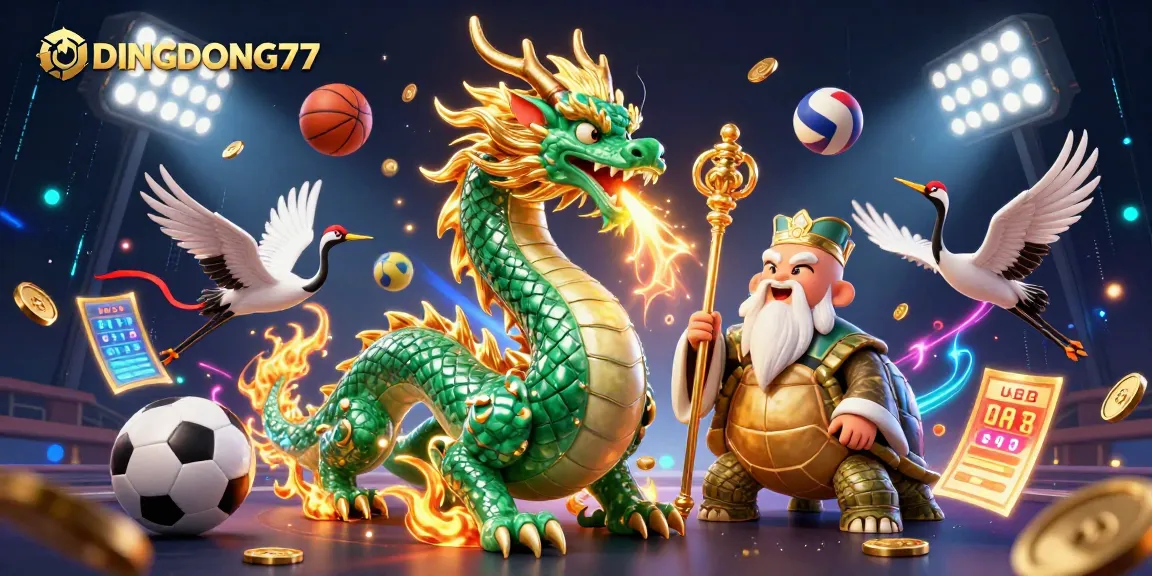 DINGDONG77 showcases thrilling gaming elements, featuring a jade dragon and lucky symbols in a vibrant casino scene.