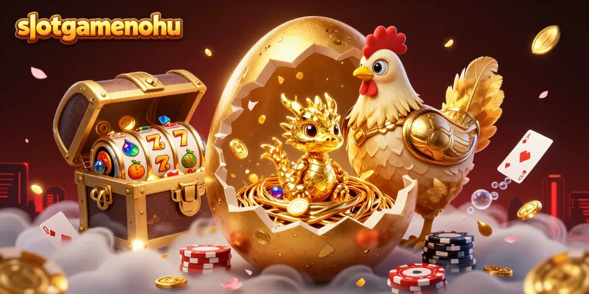 Slotgamenohu showcases a vibrant golden dragon and poker chips amidst dynamic casino elements.
