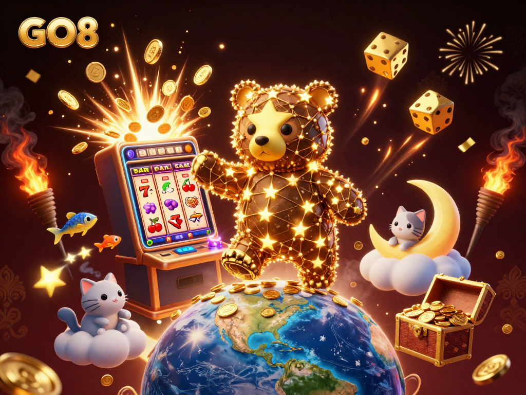 Experience GO8's thrill with a constellation bear scooping coins, surrounded by dazzling casino elements.