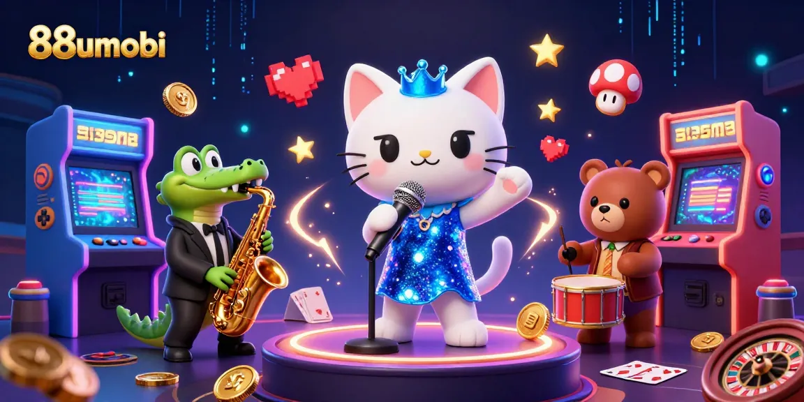 Experience vibrant gaming with 88uumobi featuring a jazz-singer cat and casino elements in dynamic illustration