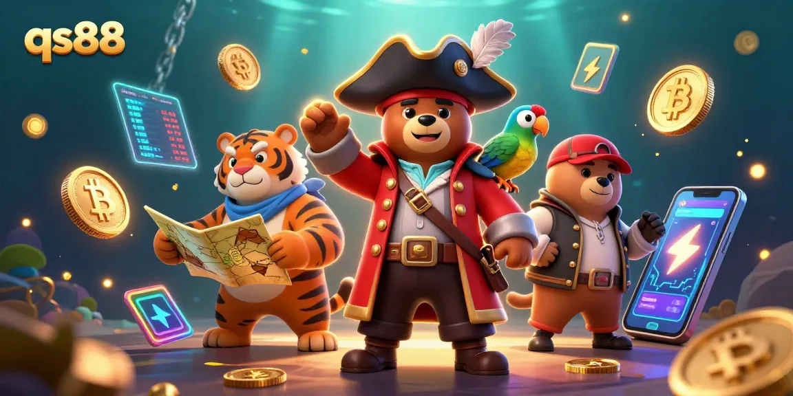 Experience the vibrant qs88 gaming adventure with a pirate bear and tiger amidst crypto treasure.
