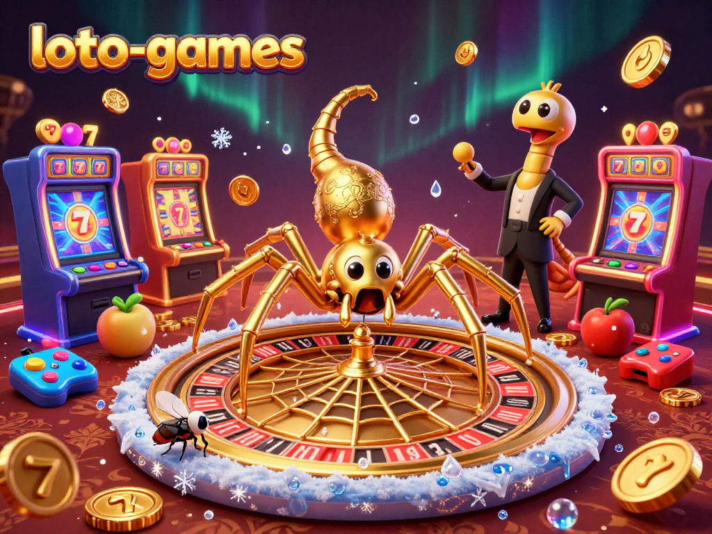 Engage with loto-games as a golden spider spins a roulette wheel web, while colorful slot machines emerge.