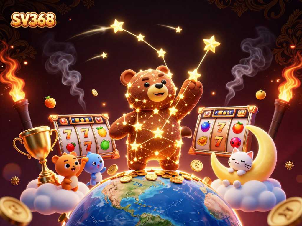 SV368 showcases a celestial bear and cat in an enchanting casino scene, capturing excitement and rewards.