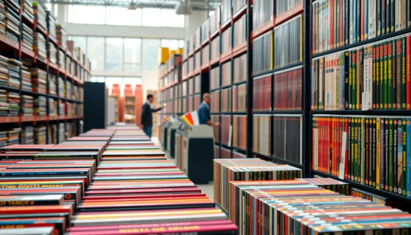 Showcase of a DVD distributor warehouse featuring organized shelves and colorful DVD cases.