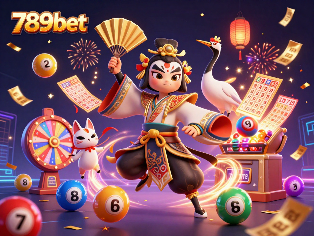 Engage with the exciting world of 789bet through a vibrant illustrated scene of a kabuki warrior and festive elements.