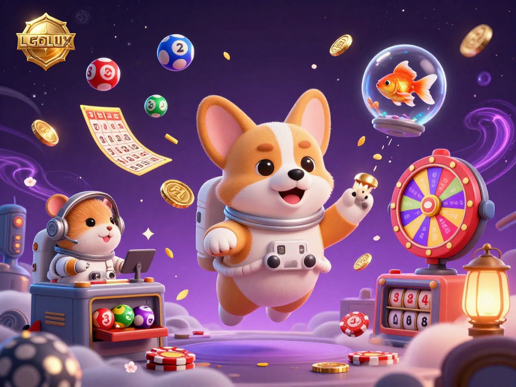 Engage with LGOLUX's immersive space casino experience, featuring a playful corgi astronaut amidst floating coins and vibrant game elements.