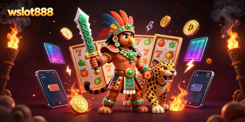 Permainan slot di wslot888, menggambarkan pahlawan Aztec dan jaguar bersama simbol keberuntungan.