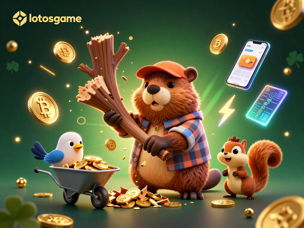 Engage with lotosgame's thrilling action using digital currency elements in a vibrant casino-like illustration.