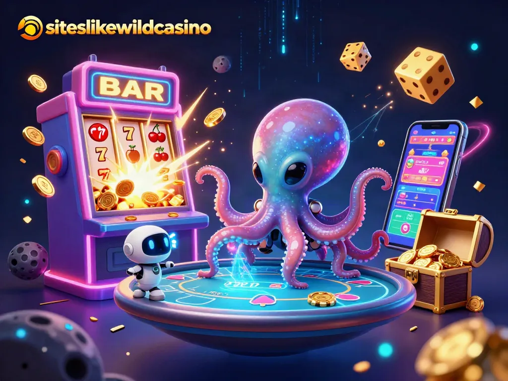 Experience the excitement of siteslikewildcasino as a cartoon alien octopus operates a holographic poker table amid exploding slot machines and cosmic poker chips.