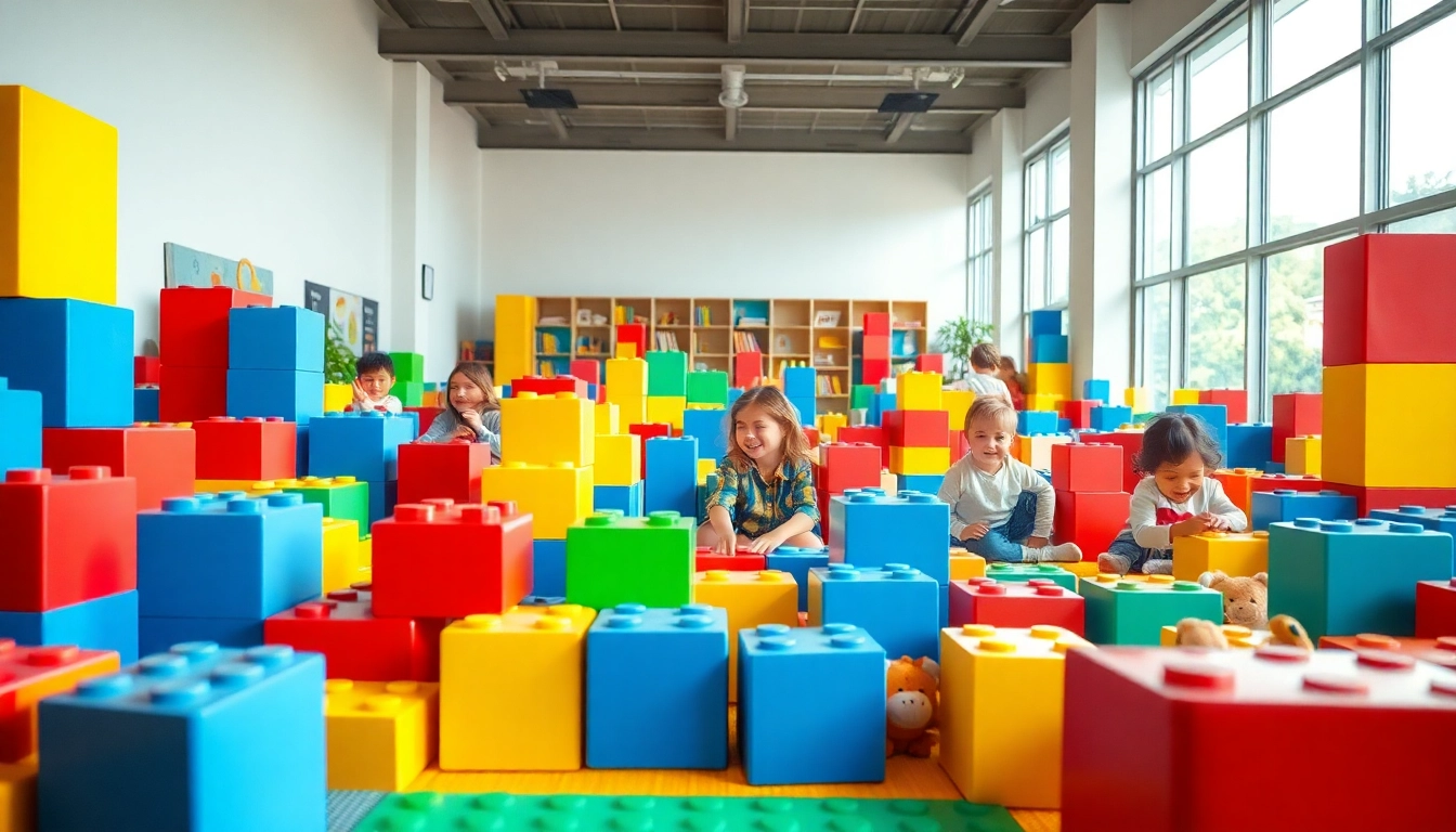 Children having fun with giant building blocks, showcasing additional information on play benefits.