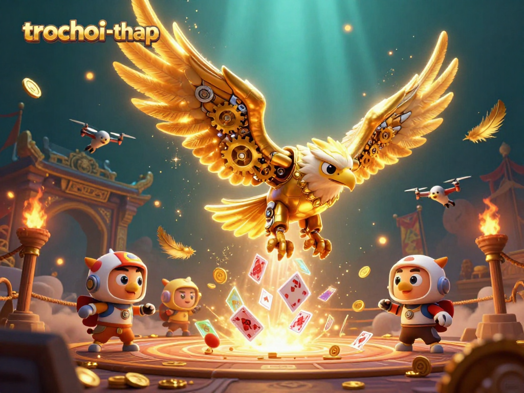 Experience thrilling gameplay in trochoi-thap with a cybernetic eagle soaring through holographic cards.