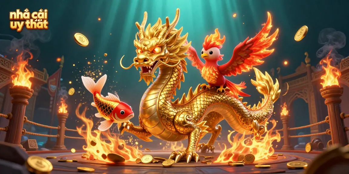 Engage in thrilling gambling adventures with nhà cái uy tín, featuring a golden dragon, phoenix, and koi fish in a rich 3D casino scene.