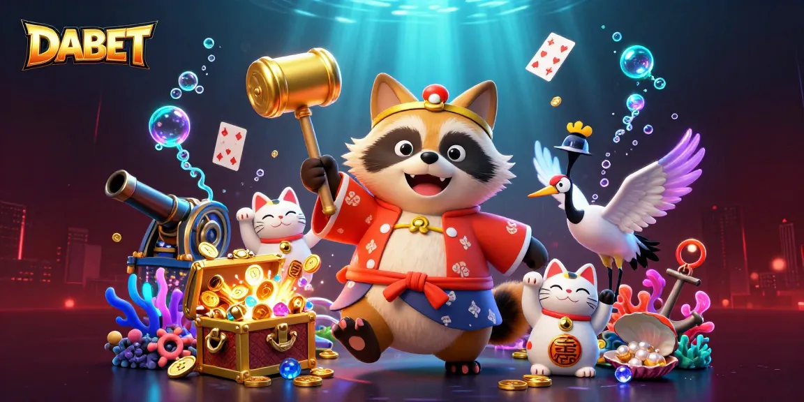 DABET's vibrant underwater casino scene featuring a cheerful tanuki and fortune cats surrounded by shimmering gems.