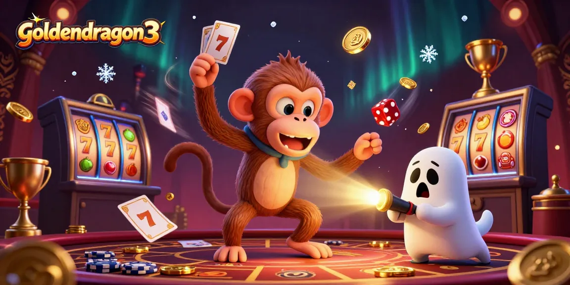 Experience the excitement of goldendragon3 with a mischievous poltergeist monkey juggling golden treasures in a lively casino scene.