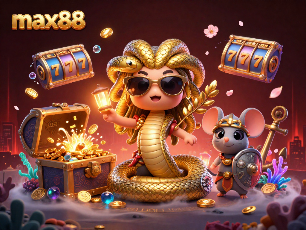 Dynamic illustration featuring max88, Medusa, a warrior mouse, and casino elements for an engaging experience.