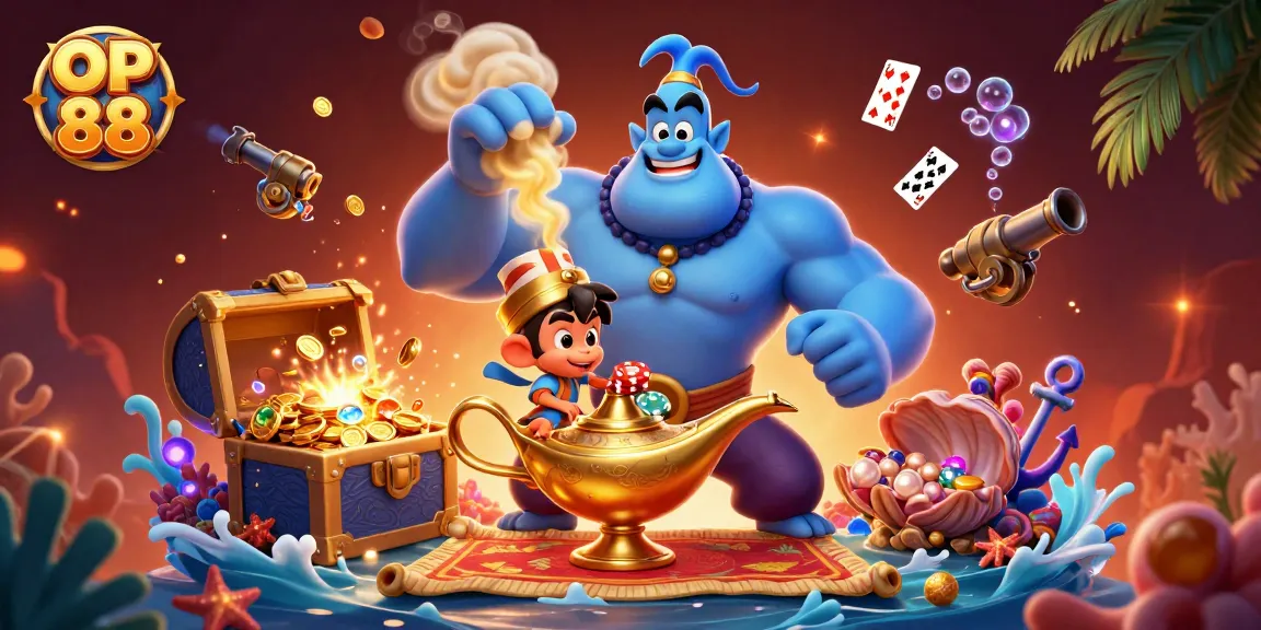Experience OP 88 at the online casino with vibrant characters, poker chips, and gold coins in an engaging scene.