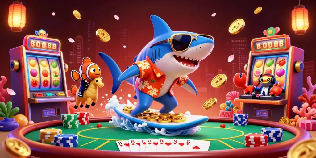 Menangkan jackpot dengan permainan slot di dewataslot888, menampilkan hiu kartun berselancar di koin emas.