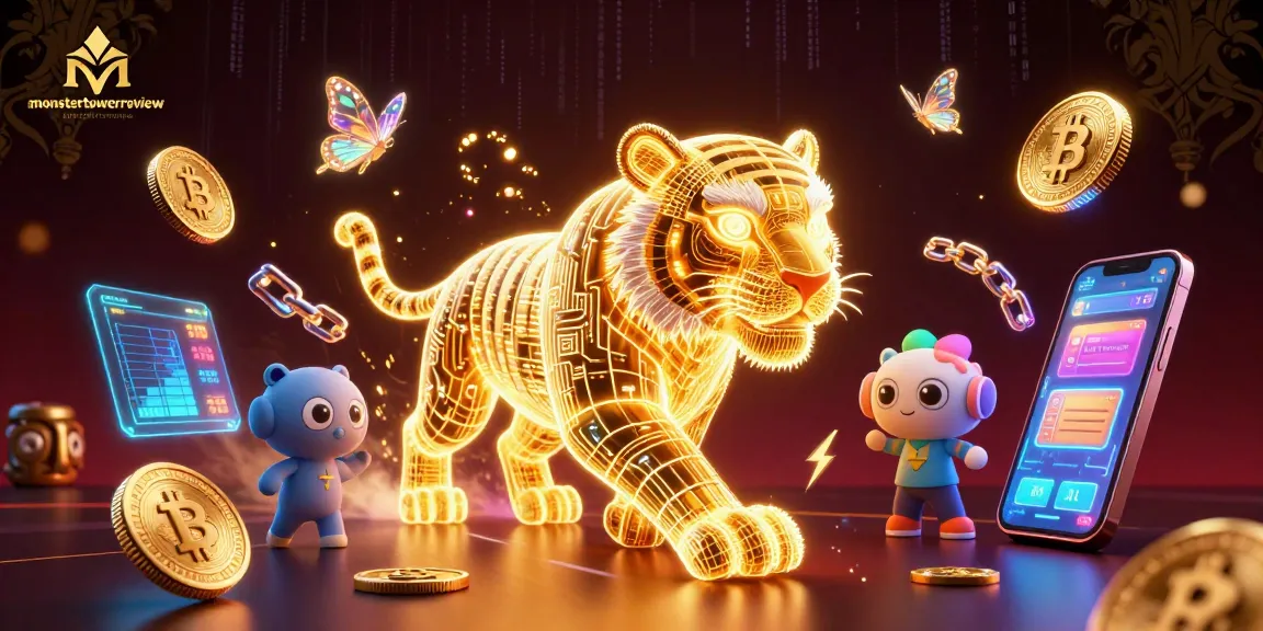 Engage with monstertowerreview's vibrant casino illustration showing a golden tiger surrounded by cryptocurrencies.